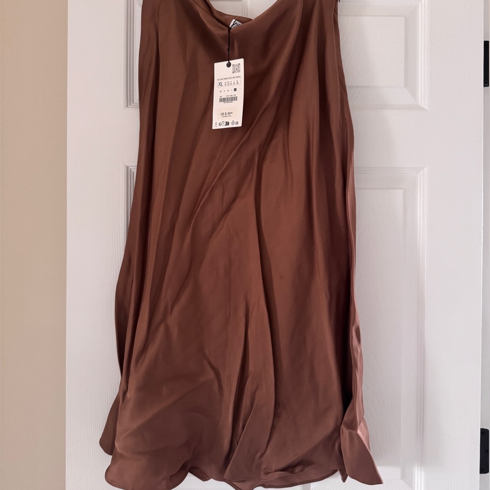 Zara Satin Skirt Brown Midi Satin Size XL NWT - Picture 5 of 9